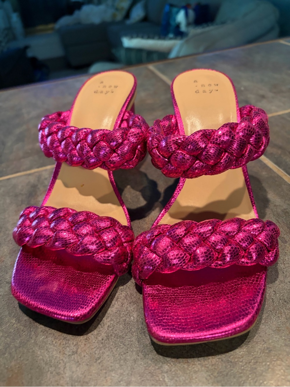 a new day Braided Double-Strap Slide Heels in Fuchsia Pink